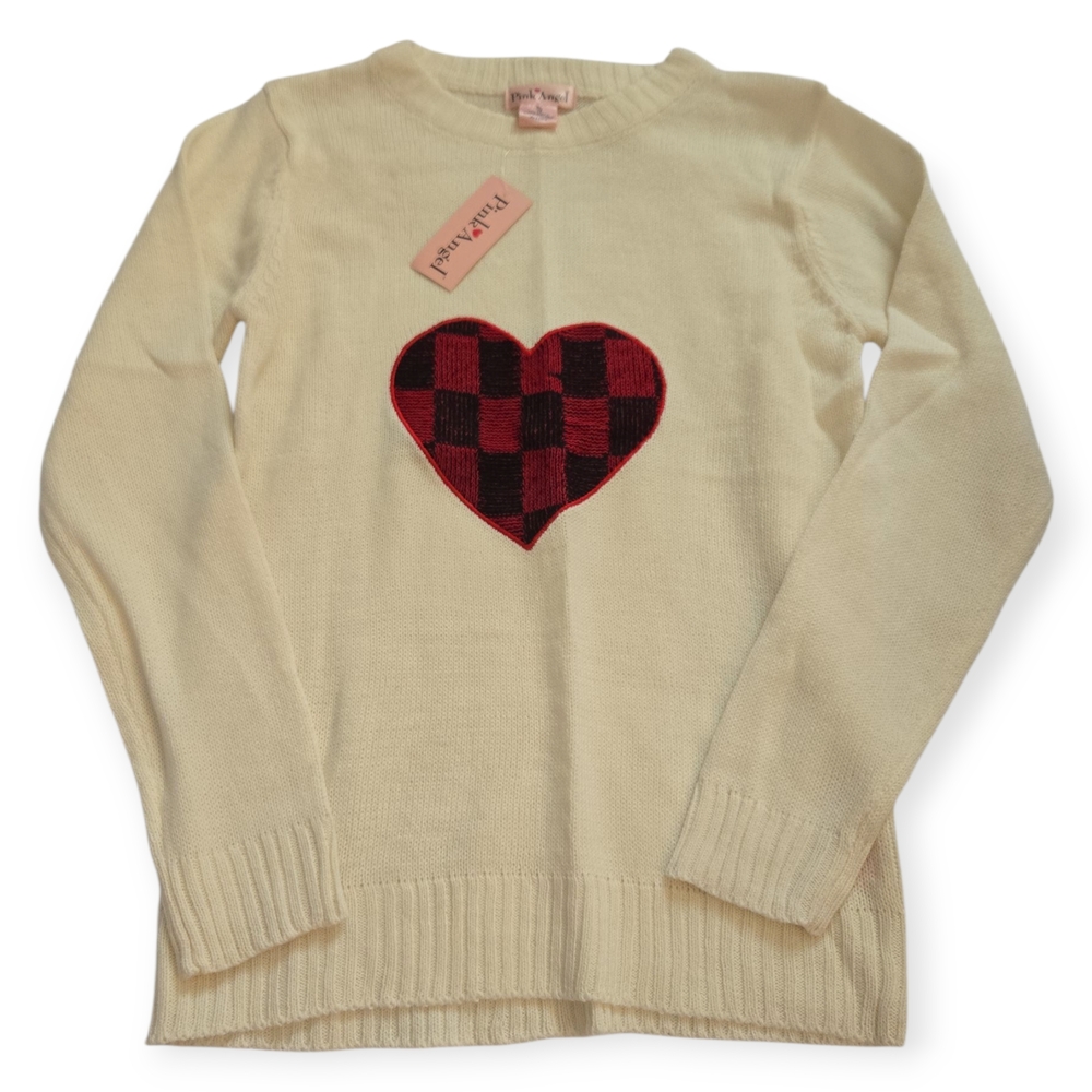Pink Angel Red and Cream Heart Knit Sweater Crew Neck